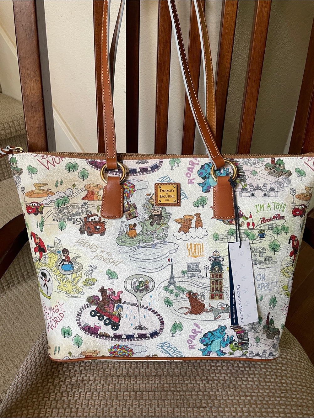 Dooney & Bourke White Canvas Disney Pixar Print Tote with Brown Trim